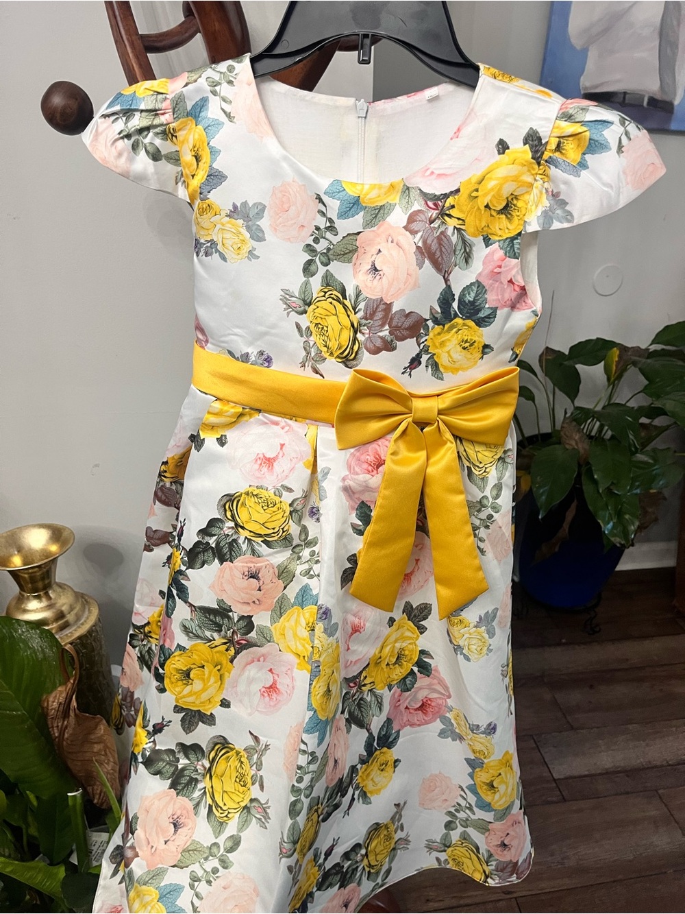 White Floral Girls Dress with Yellow Bow Sash